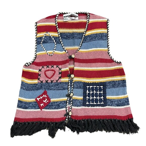 Vintage Bon Magique Womens L Knitted by Hand Sweater Vest Front Button Fringe - Picture 13 of 13